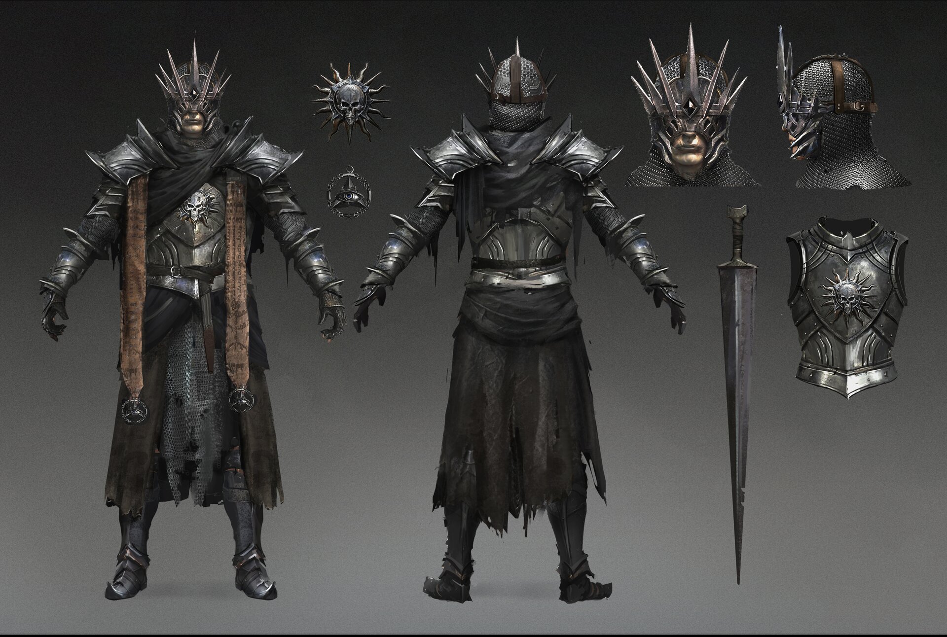 Front and back silhouettes of an armored cultist warrior with helm, sword, and armor callouts