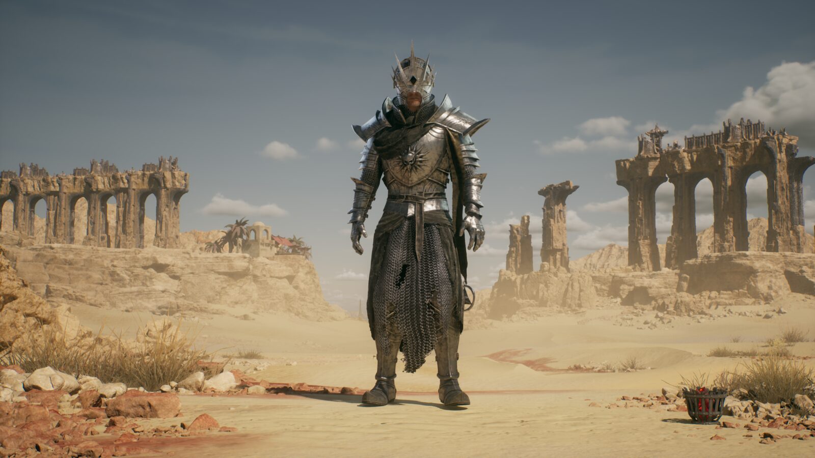 UE5 in-engine render of the armored cultist warrior in the desert ruins