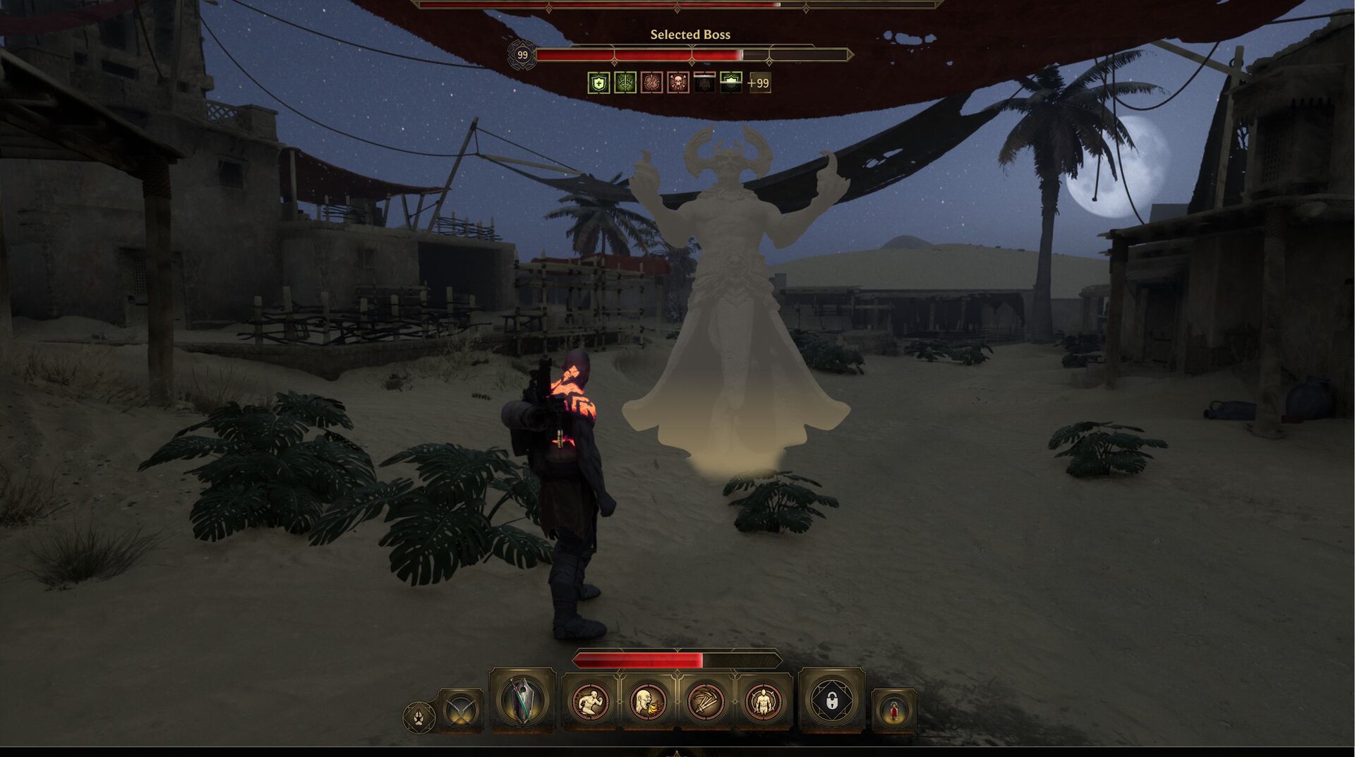ATONE gameplay HUD showing a boss selection encounter in a desert settlement
