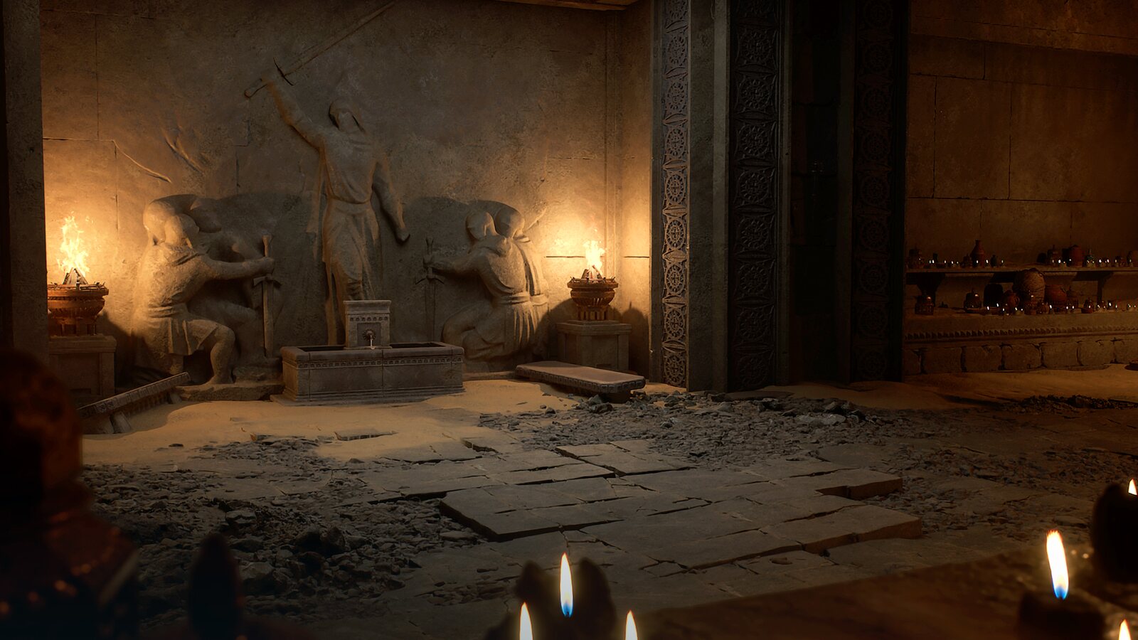 Stone relief of warriors carved into a shrine wall, lit by twin braziers over rubble-strewn floor