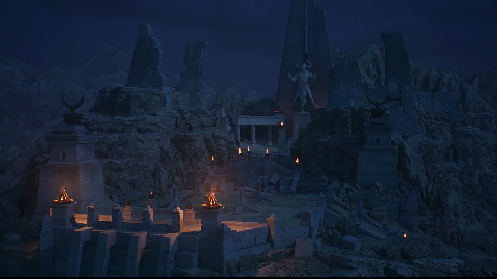 Ornate torch-lit temple interior with horned idol on a dais, rugs, and ritual candles
